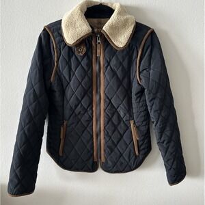 Zara Womens M Quilted Navy Jacket Sherpa Collar Equestrian Hunting Old Money